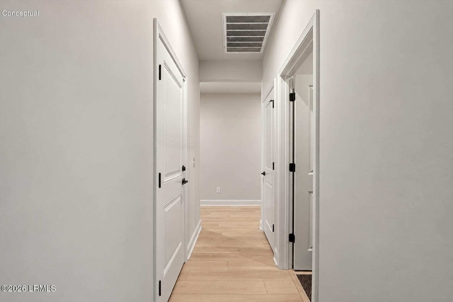 Minimalist Greige Hallway with Open Door - 1205 Cassander Creek Road, Beaufort, SC 29902