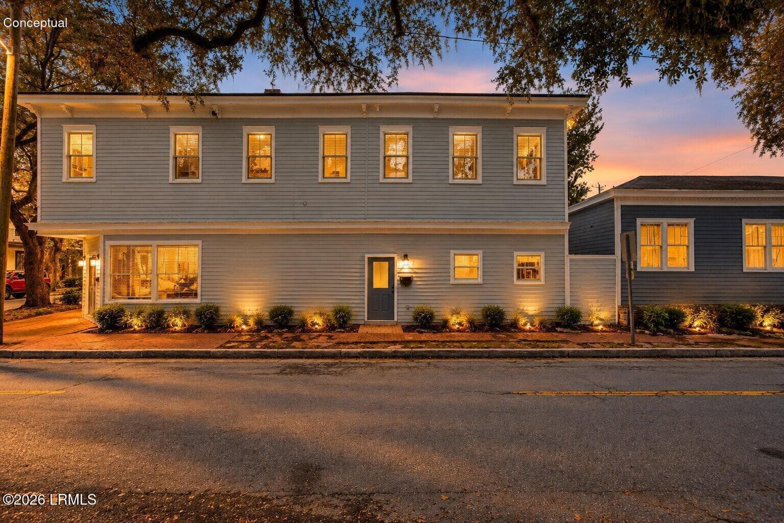 Twilight Glow on a Classic Gray Home - 221 W Duffy Street, Savannah, GA 31401