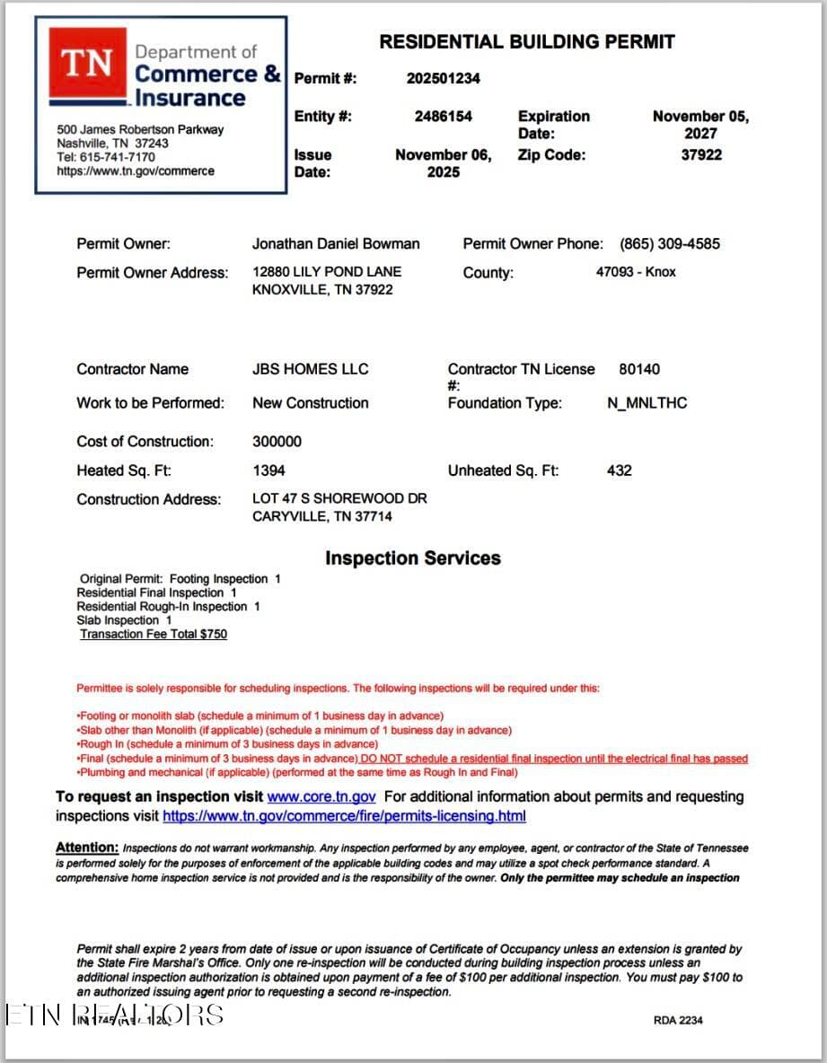 BUILDING PERMIT APP - S Shorewood Lane, Caryville, TN 37714