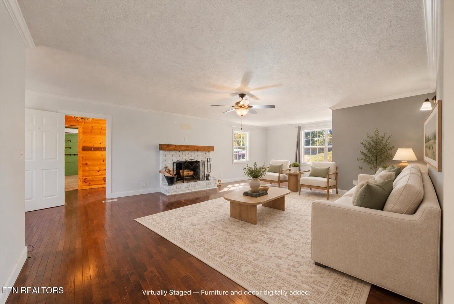 Oatmeal sofa living room staging - 4300 Browder Hollow Rd, Lenoir City, TN 37771, Lenoir City