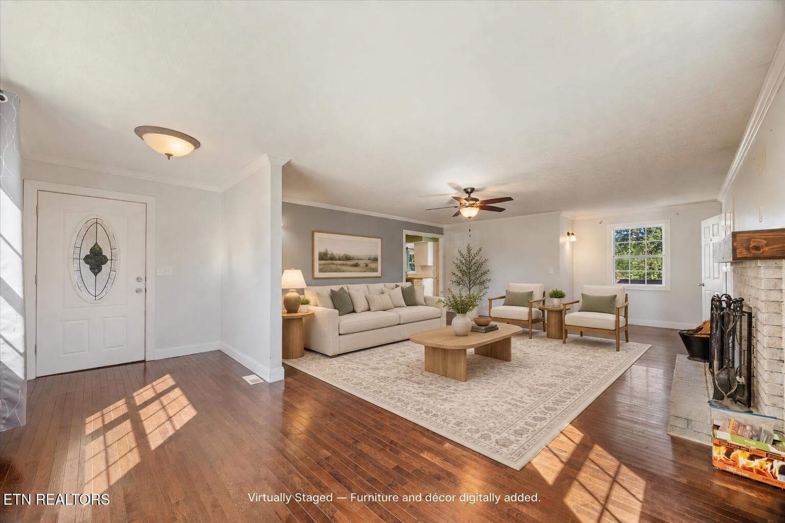 Virtually staged living room with oak fu - 4300 Browder Hollow Rd, Lenoir City, TN 37771, Lenoir City