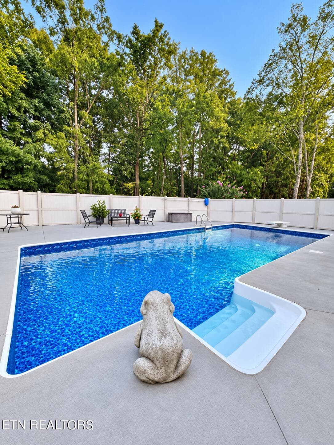 Tranquil Backyard Pool with Frog Statue - 144 Apple Tree Drive, Clinton, TN 37716, Clinton