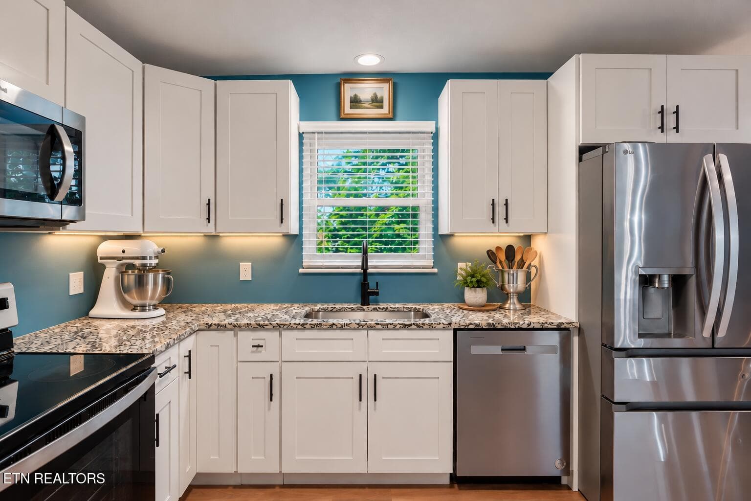 Bright Teal and White Kitchen Interior - 1221 Laurel Rd, Clinton, TN 37716