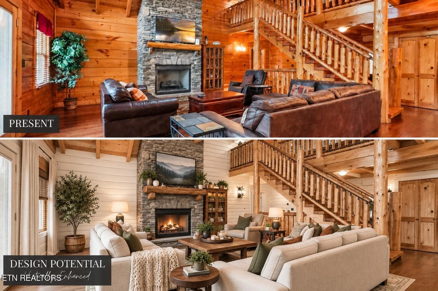 Rustic Cabin Living Room_ Before and Aft - 2906 Quiet Oak Way, Pigeon Forge, TN 37863