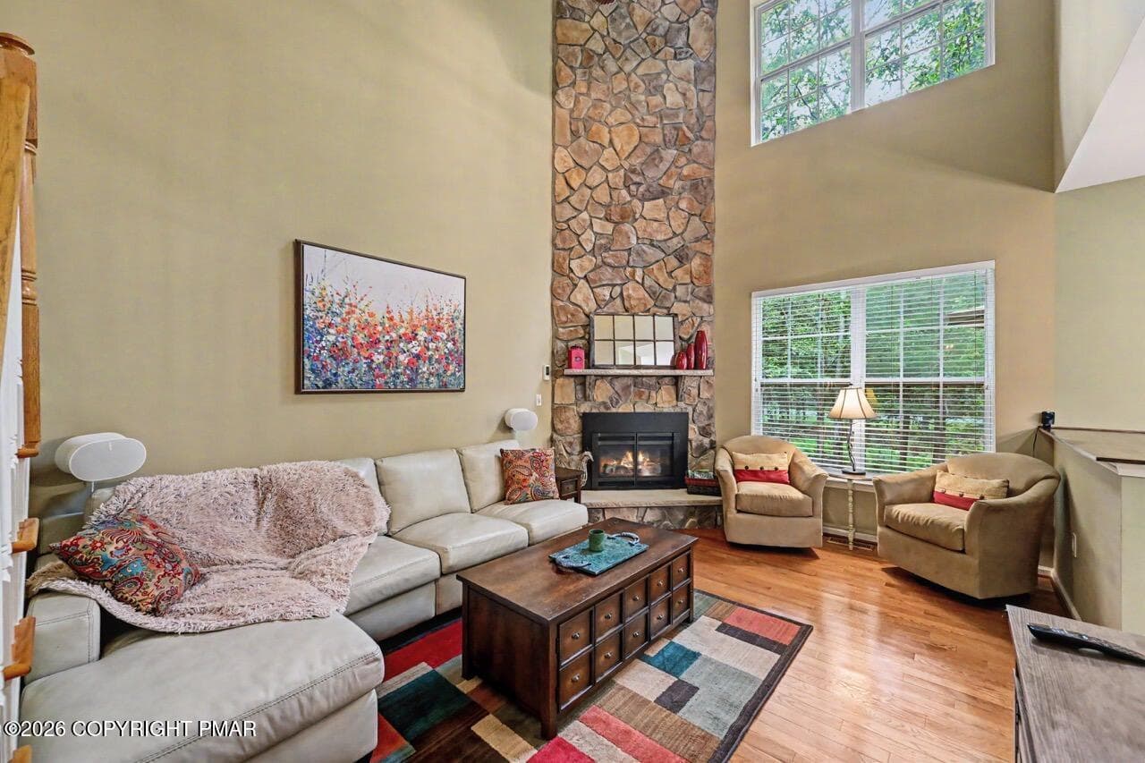 Floor-to-ceiling stone propane fireplace - 1214 Clymer Lane, Pocono Pines, PA 18350