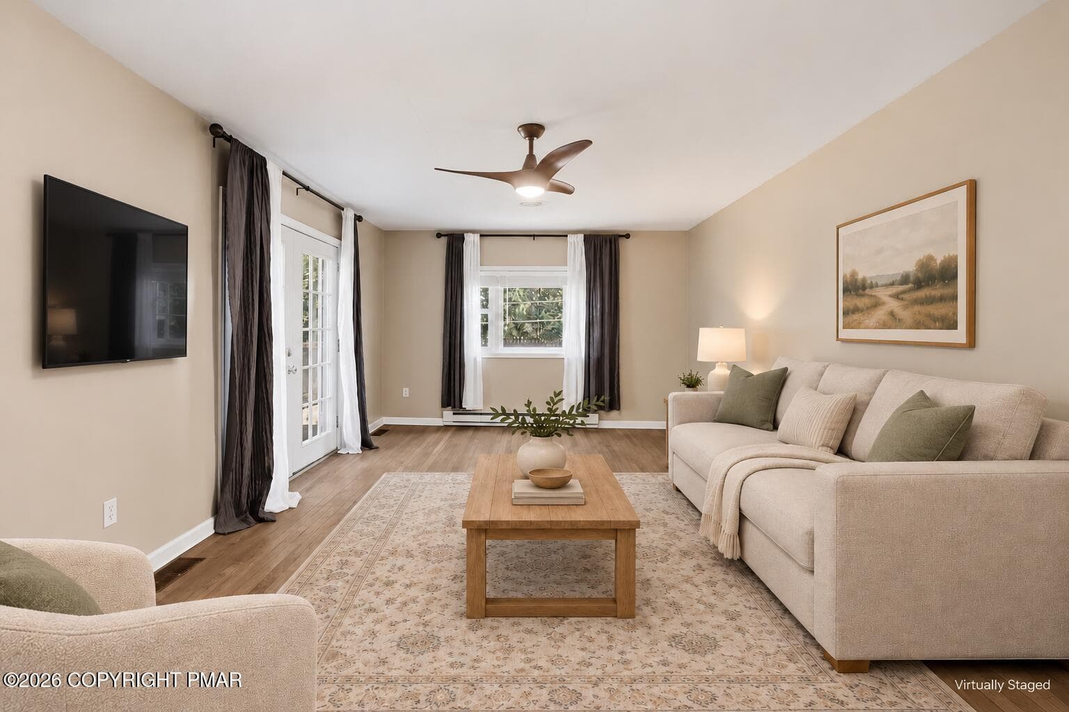 Wall-Mounted TV in Elegant Living Room - 105 Periwinkle Lane, Stroudsburg, PA 18360, Stroudsburg