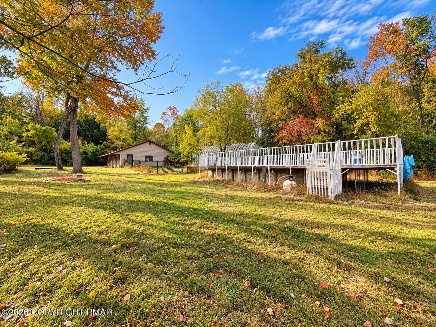 Autumn Backyard with Deck and Outbuildin - 222 Lily Street, Saylorsburg, PA 18353, Saylorsburg