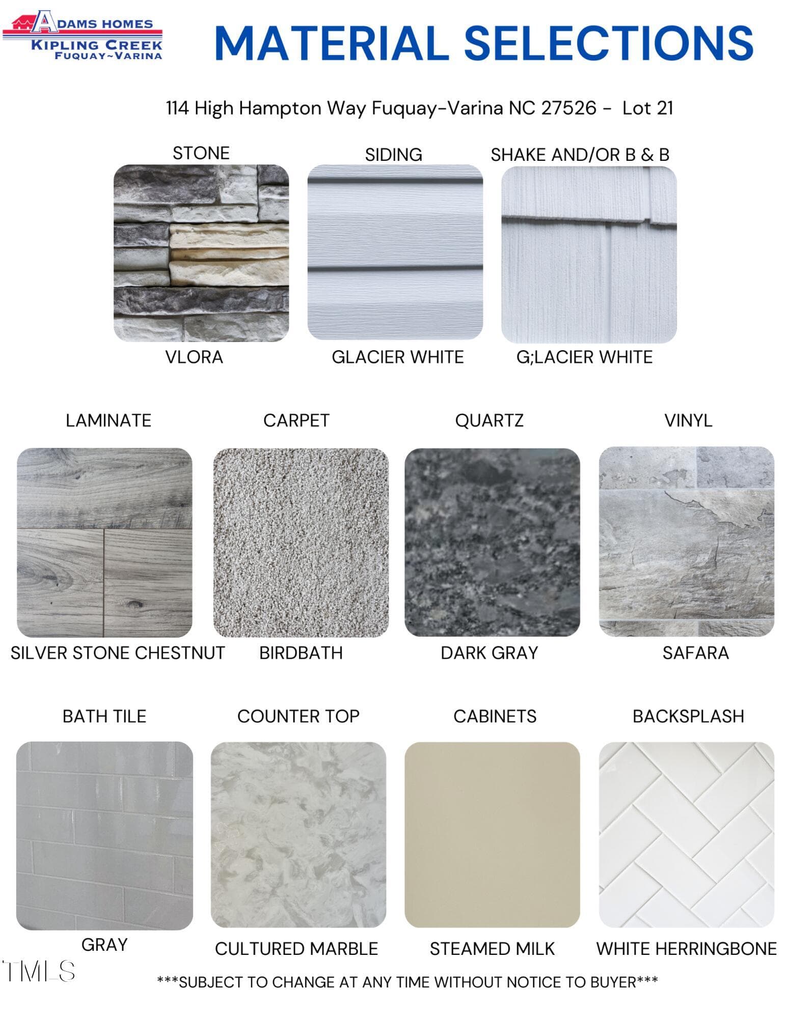Material Color Selection Sheet - 114 High Hampton Way, Fuquay Varina, NC 27526