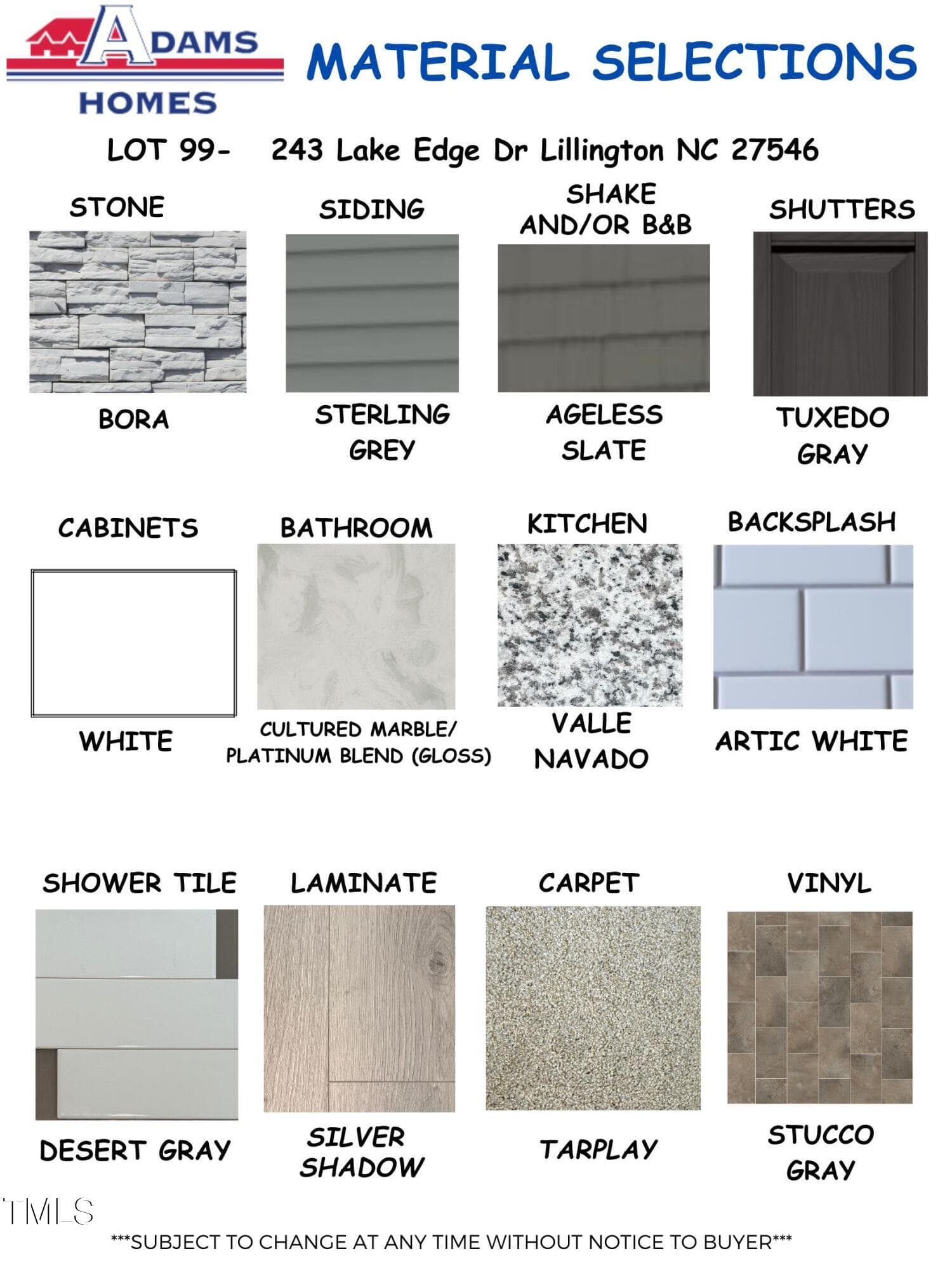 Material Selections - Template (2) - 243 Lake Edge Drive, Lillington, NC 27546