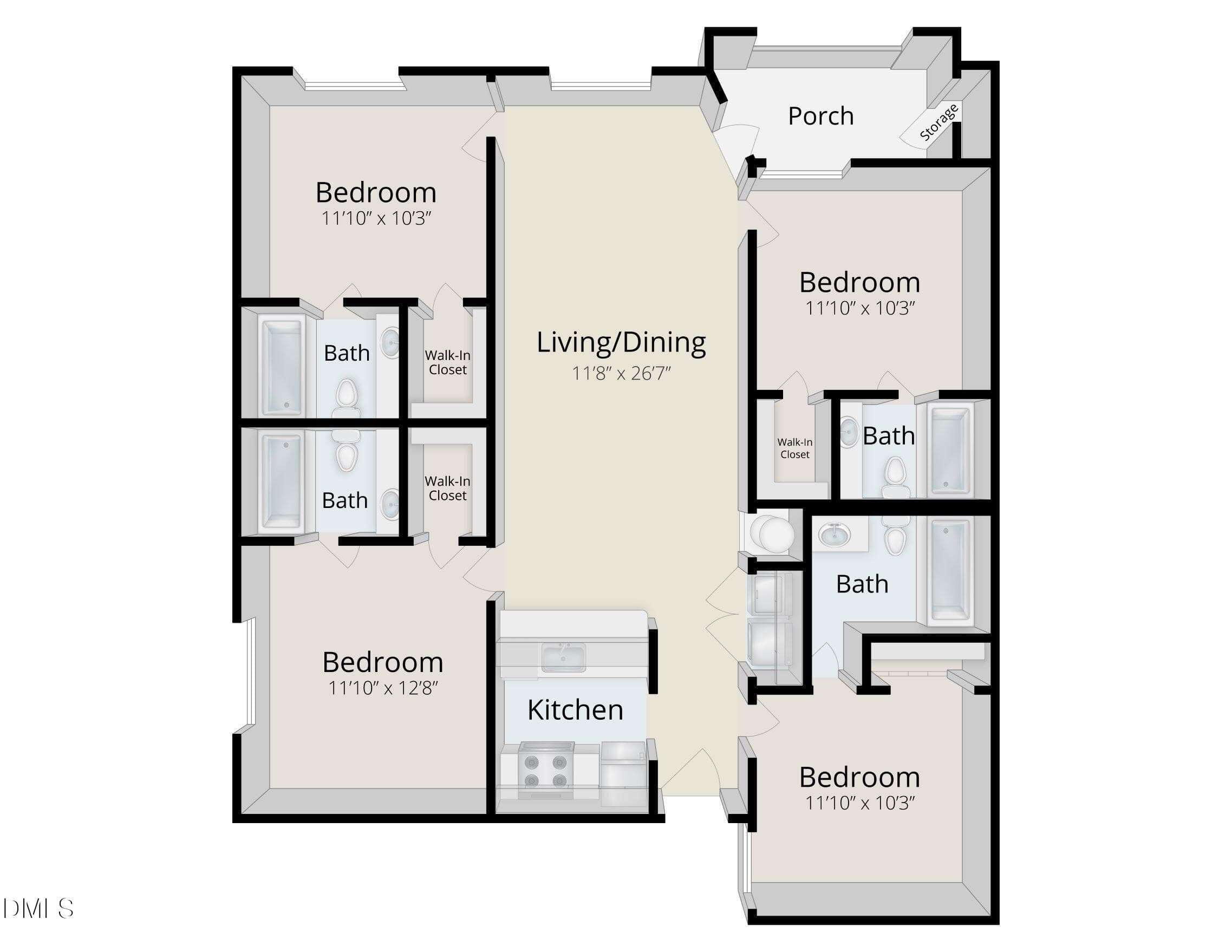 Lake Park 4BD 4BA floorplan by landlord - 1431 Collegiate Circle 101, Raleigh, NC 27606, Raleigh