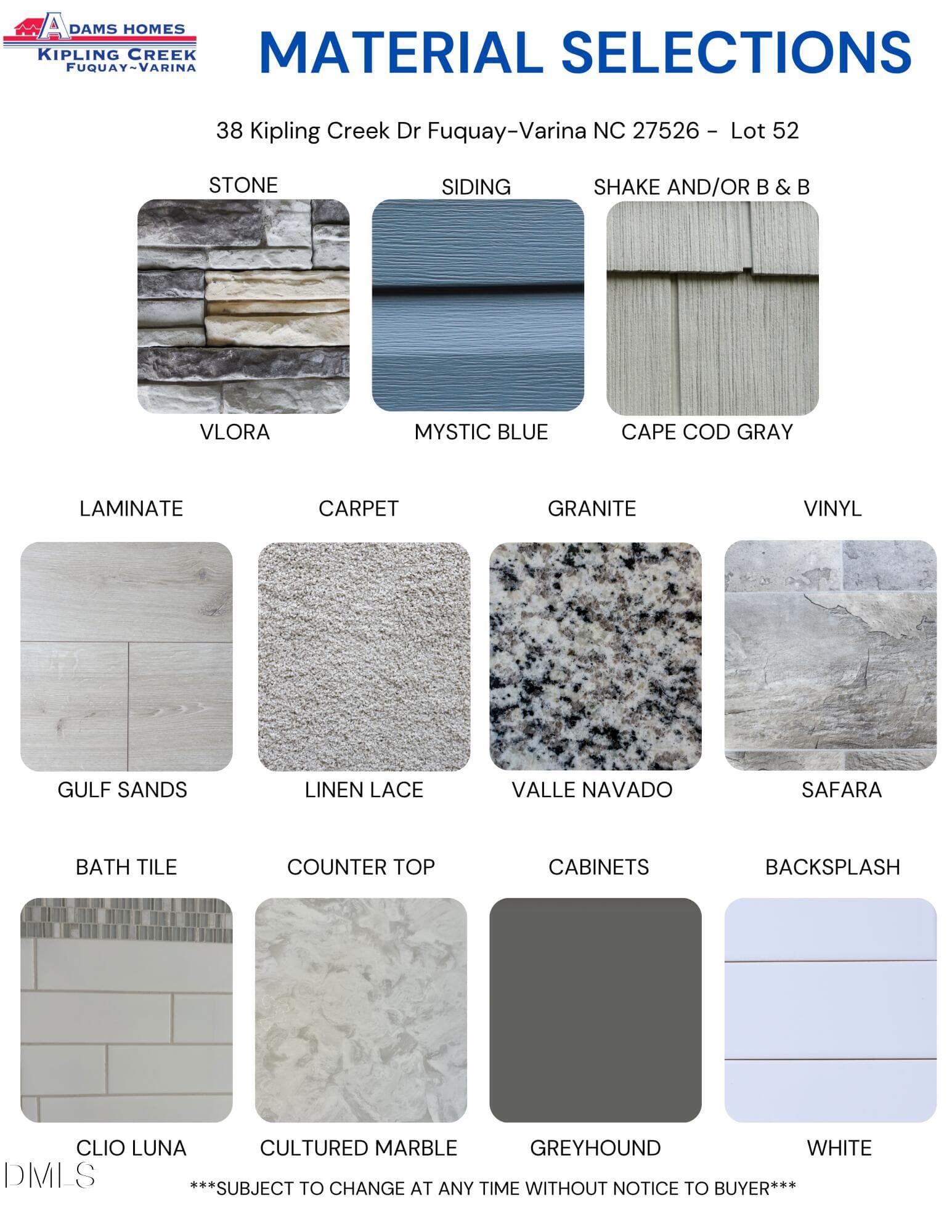 Material and Color selections - 38 Kipling Creek Drive, Fuquay Varina, NC 27526