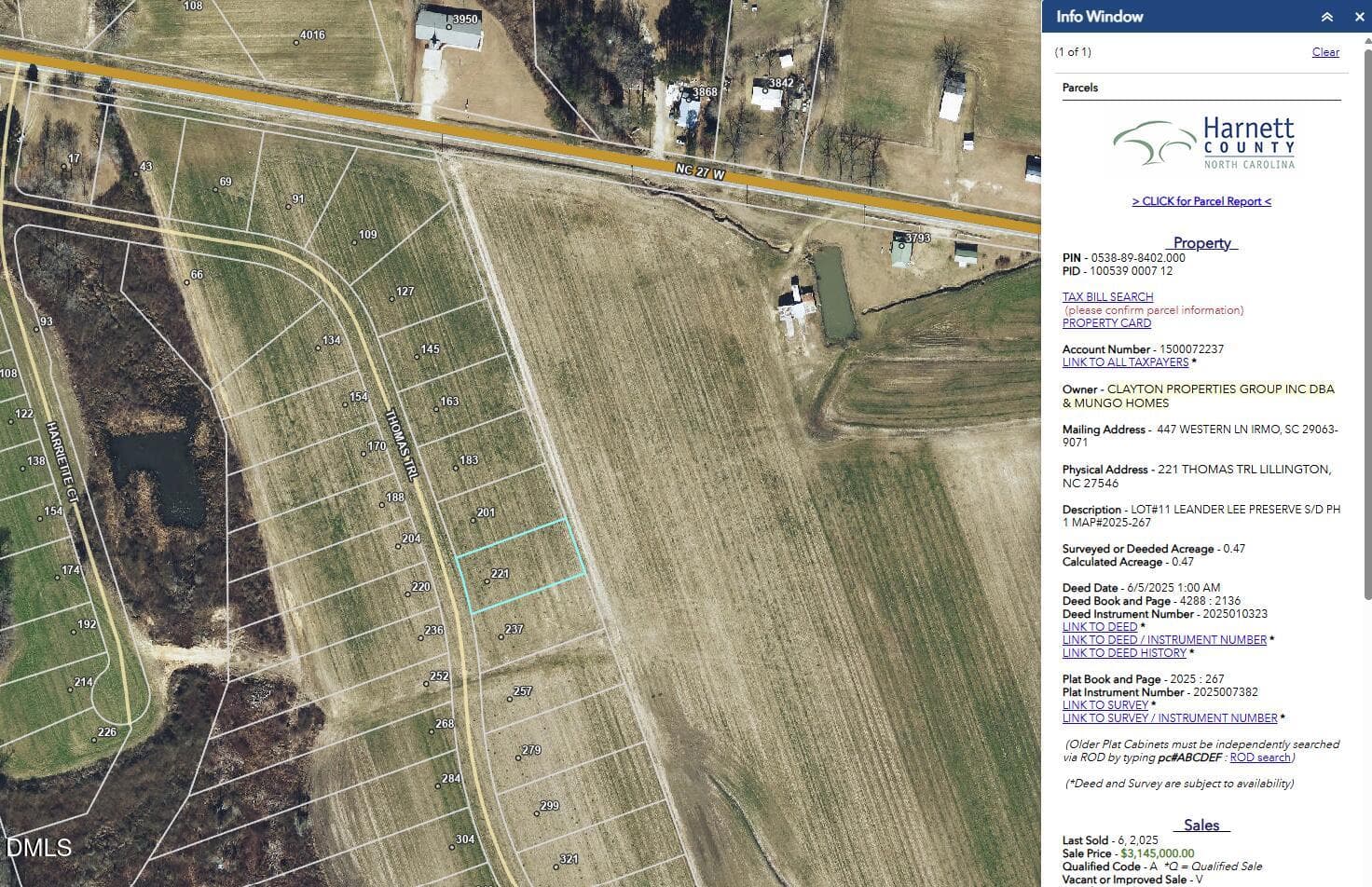 gis screenshot of homesite 11 - 221 Thomas Trail 11, Lillington, NC 27546