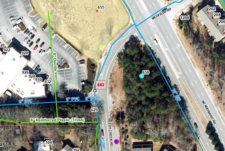 map showing water and sewer in street - 650 Reedy Creek Road, Cary, NC 27513