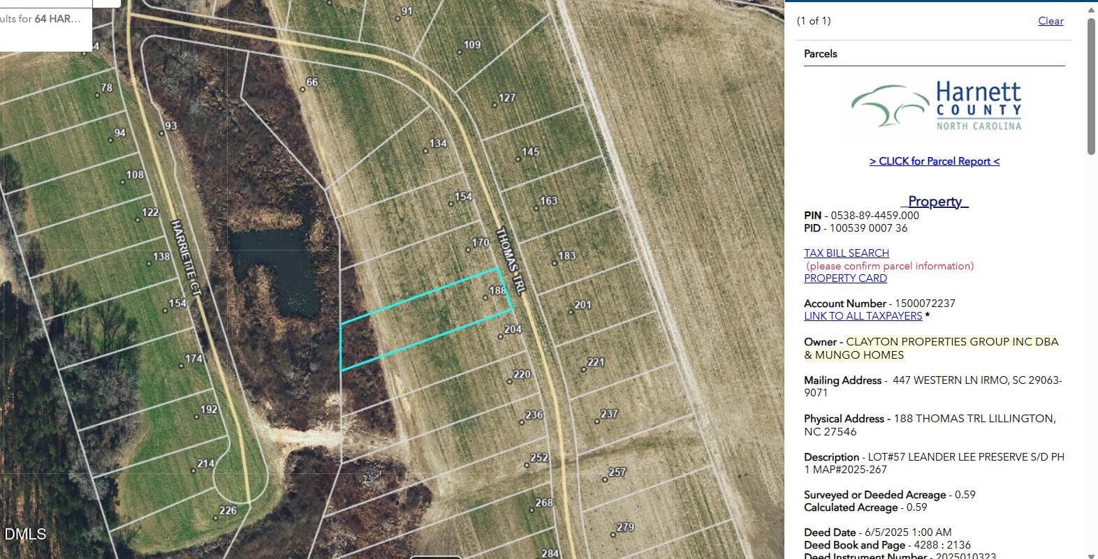 gis screenshot LLP57 - 188 Thomas Trail 57, Lillington, NC 27546