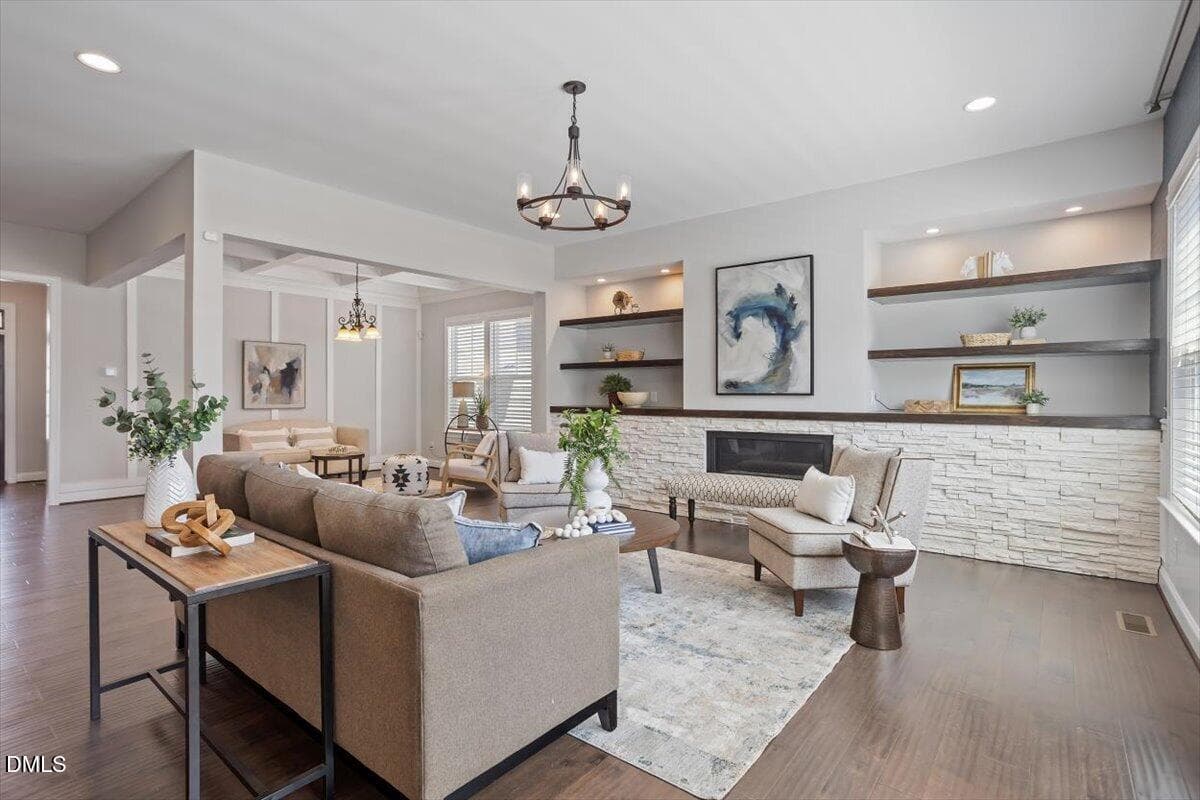 Stone Fireplace & Custom Shelving - 104 Evans Crest Lane, Holly Springs, NC 27540, Holly Springs