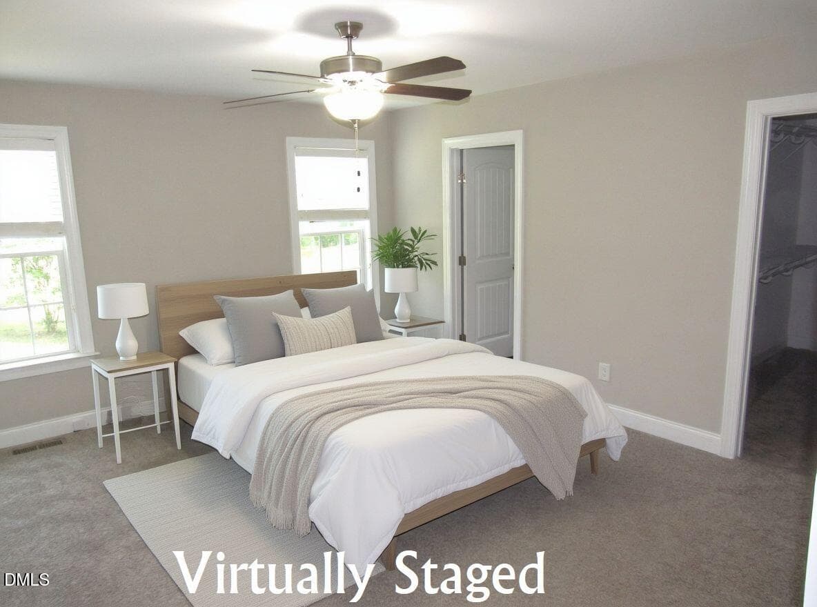 Primary bedroom - Virtually Staged - 104 Woodbine Drive, Louisburg, NC 27549, Louisburg