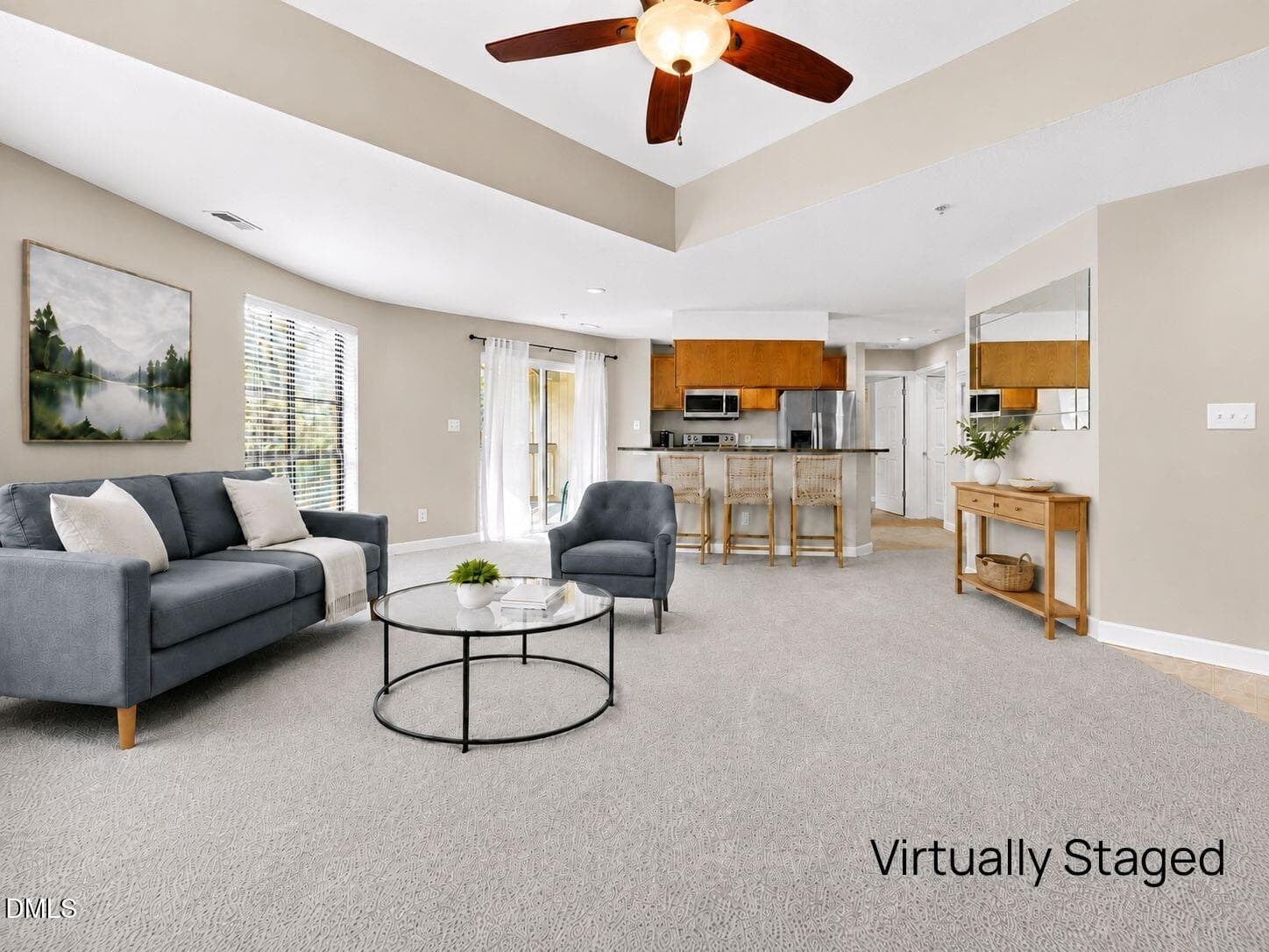 LR to kit Virtually staged - 132 New Kent Place, Cary, NC 27511