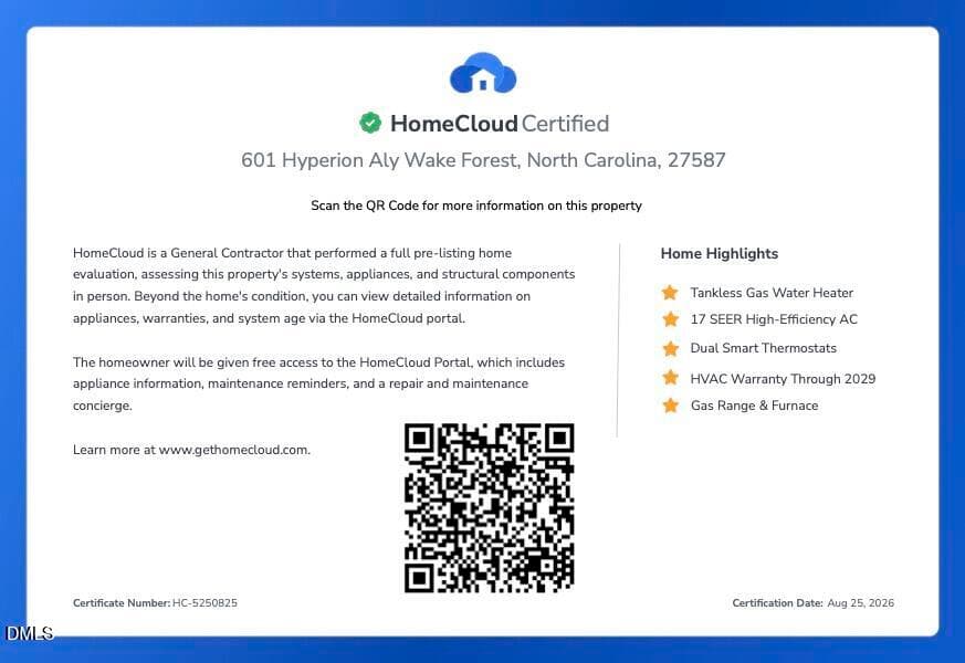 Hyperion HomeCloud Certificate - 601 Hyperion Alley, Wake Forest, NC 27587