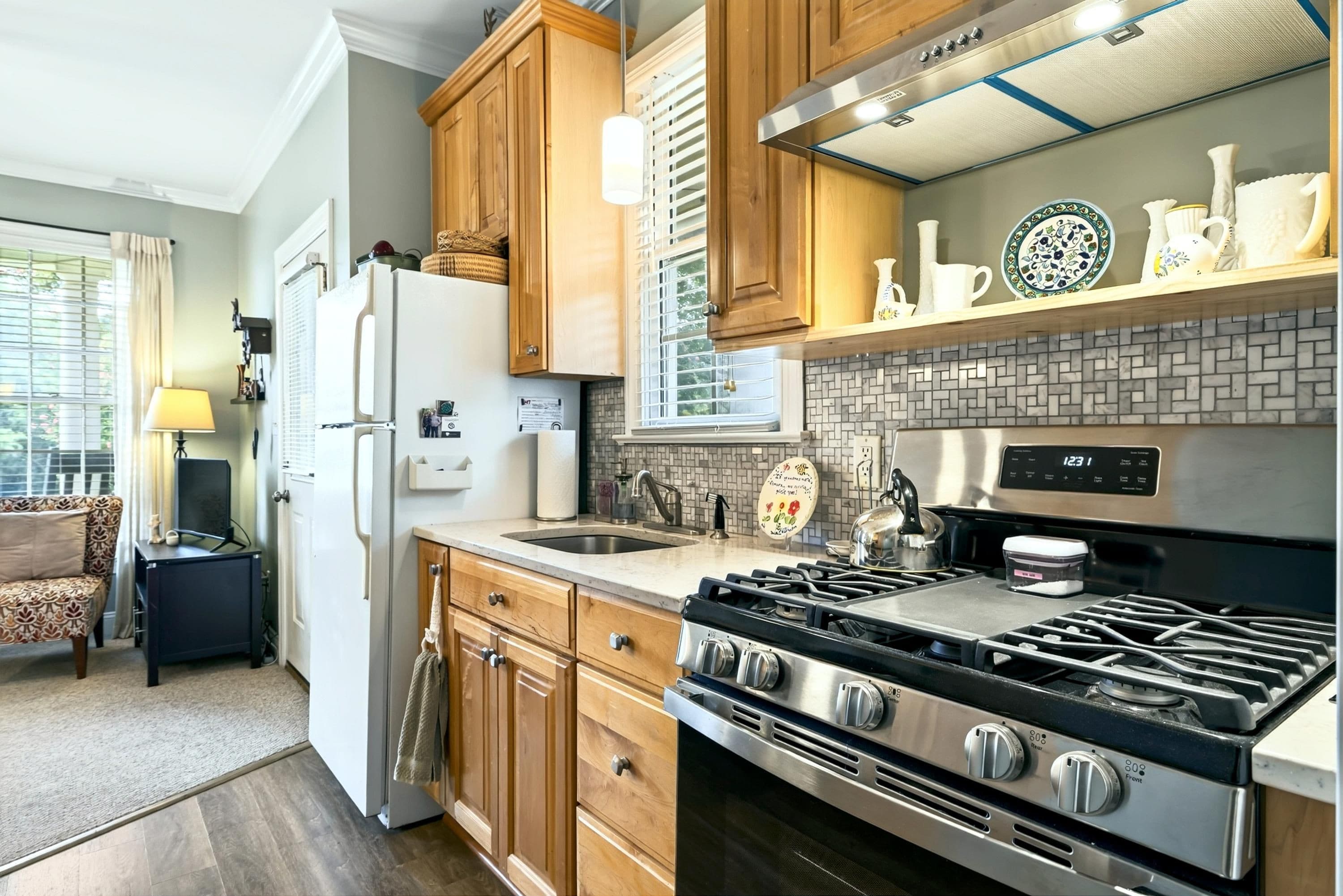 Ceramic backsplash in kitchenette - 3024 Whitehart Lane, Raleigh, NC 27606, Raleigh
