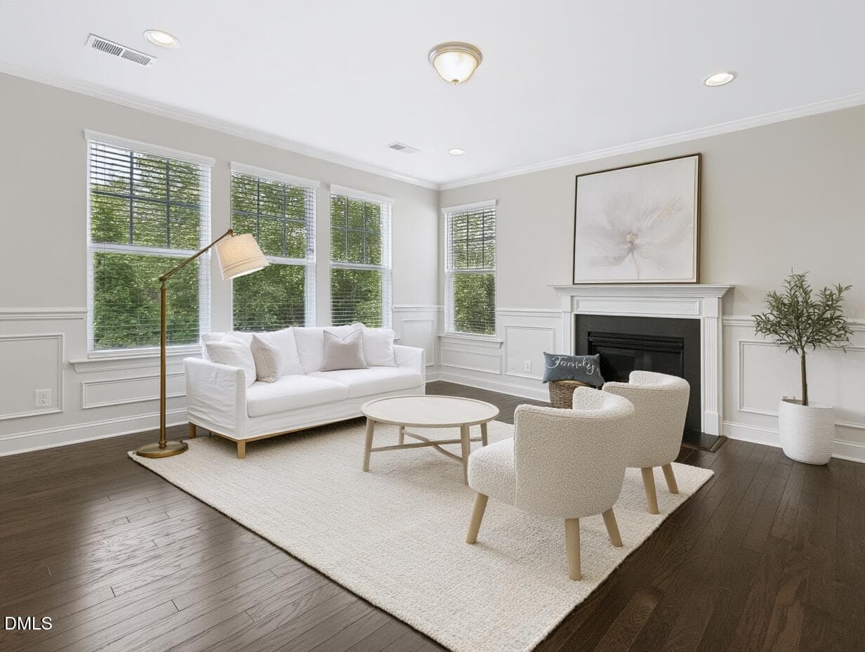Living room virtually staged - 1444 Padstone Drive, Apex, NC 27502