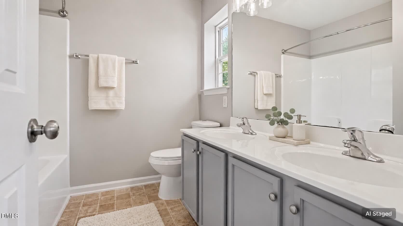 AI Staged master bathroom - 1133 Oak Blossom Wa Way, Whitsett, NC 27377, Whitsett