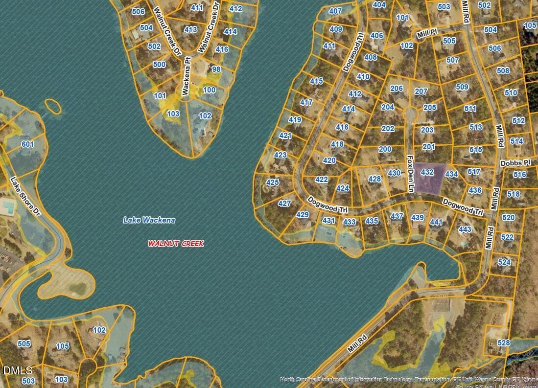 Satellite view zoomed out to lake - 432 Dogwood Trail, Goldsboro, NC 27534