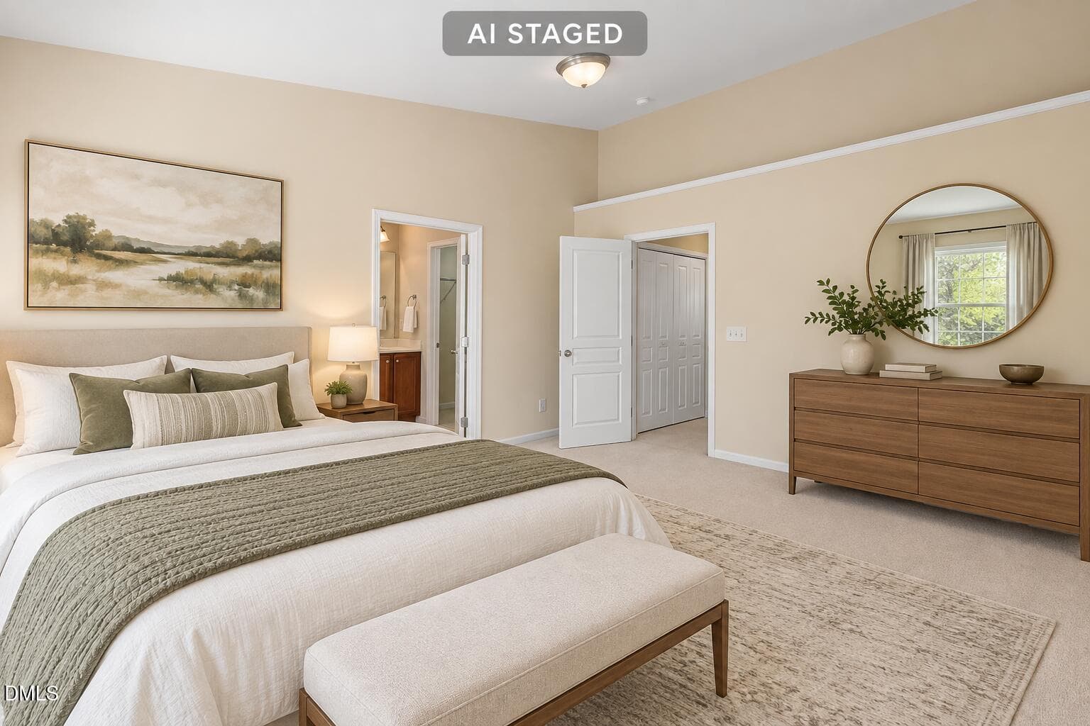 AI-Staged Neutral Bedroom Retreat - 329 Kinellan Lane, Cary, NC 27519