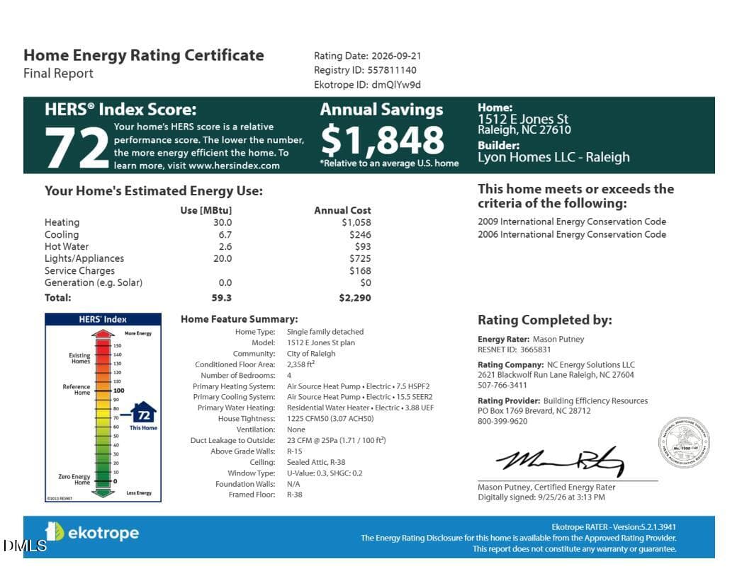 Home Energy Rating HERS Cerfificate - 1512 E Jones Street, Raleigh, NC 27610