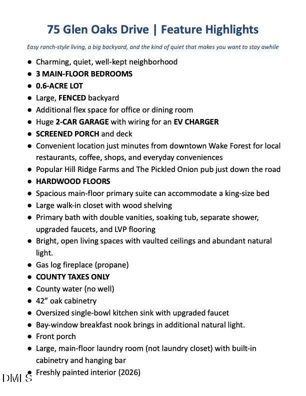 Unbranded Feature List- Glen Oaks.docx - 75 Glen Oaks Drive, Youngsville, NC 27596, Youngsville