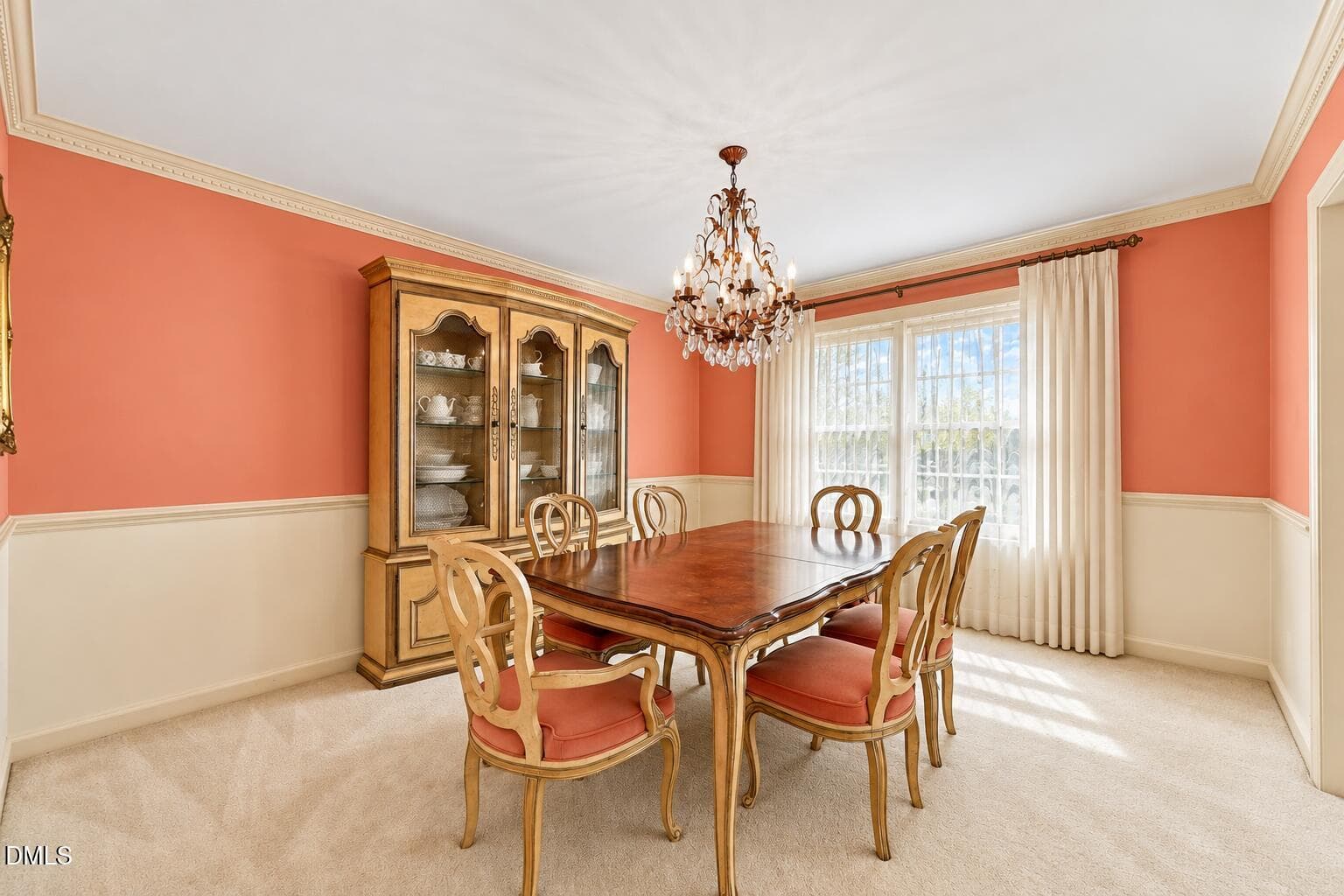 Elegant Coral Dining Room with Crystal C - 212 Ellwood Drive, Raleigh, NC 27609, Raleigh