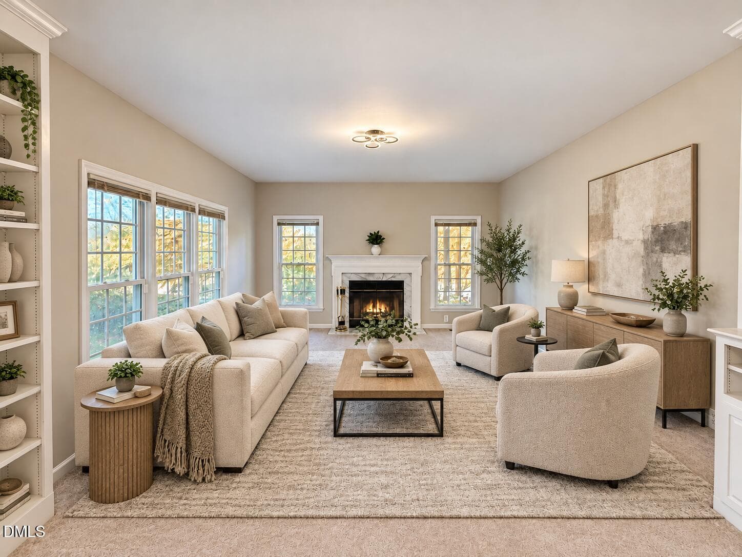 Warm modern fireplace living room - 111 Wenonah Way, Durham, NC 27713