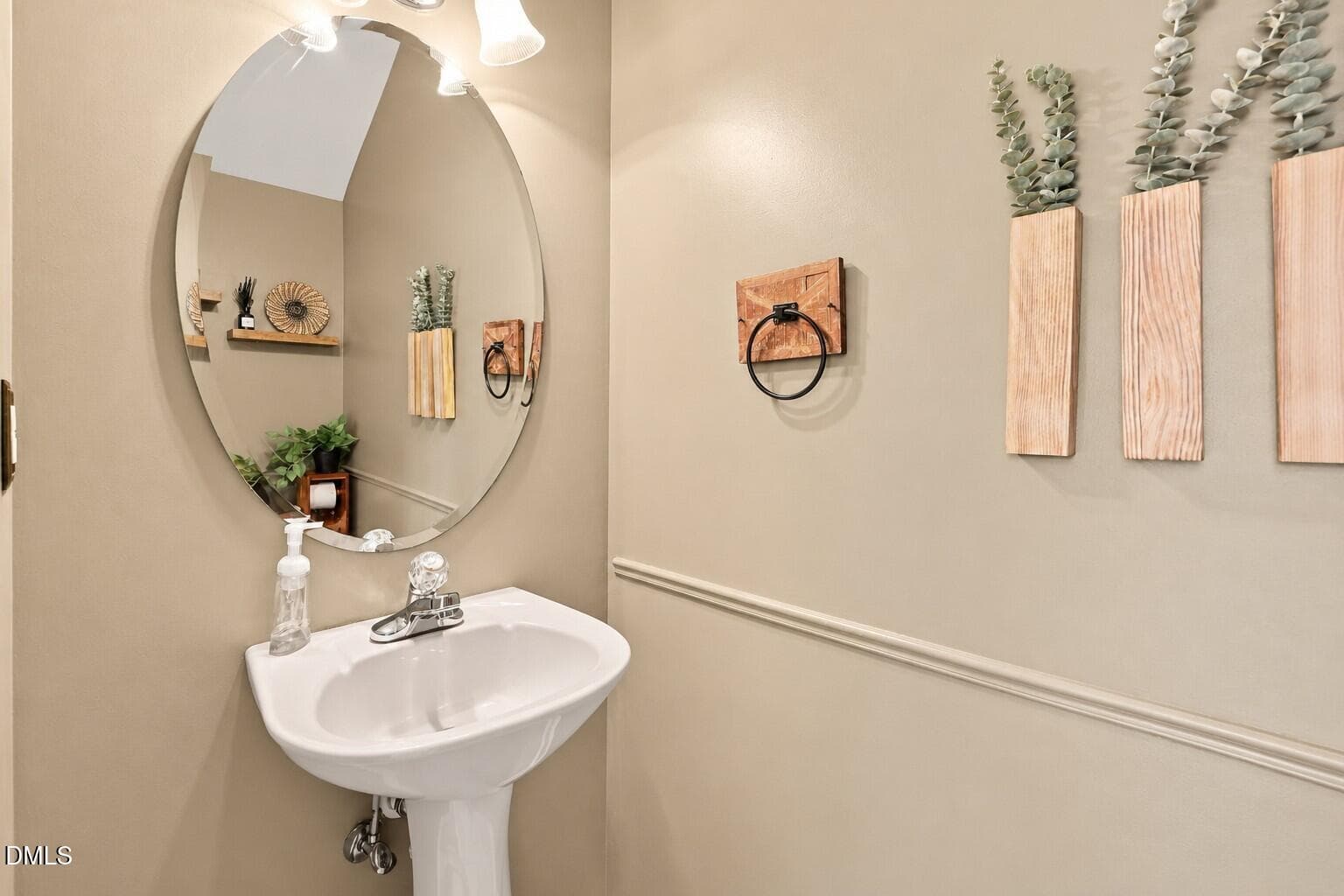 Warm Neutral Powder Room with Eucalyptus - 1201 Bungalow Park Drive, Apex, NC 27502, Apex