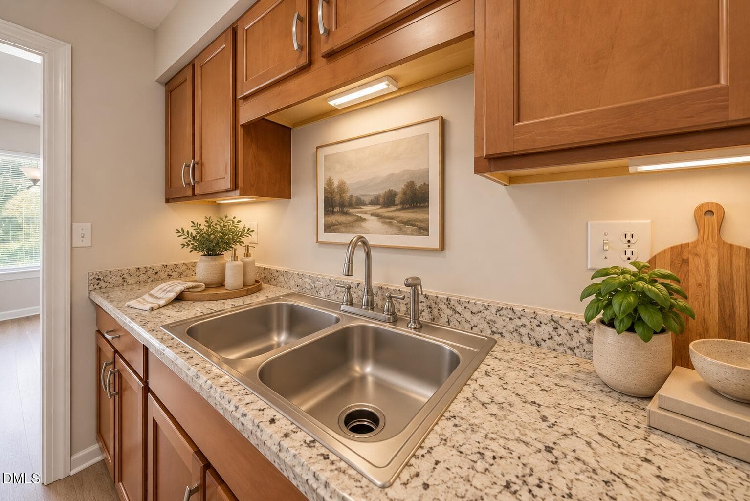 Warm Staged Kitchen Sink Vignette - 2402 Stadium Drive B, Durham, NC 27704