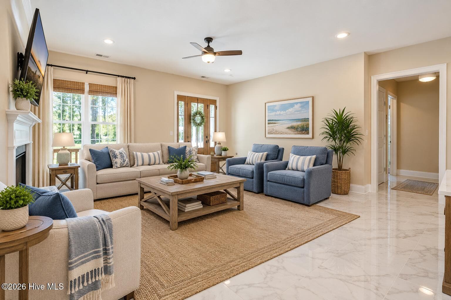 Staged living room generated by AI - 2102 Midway Road SE, Bolivia, NC 28422