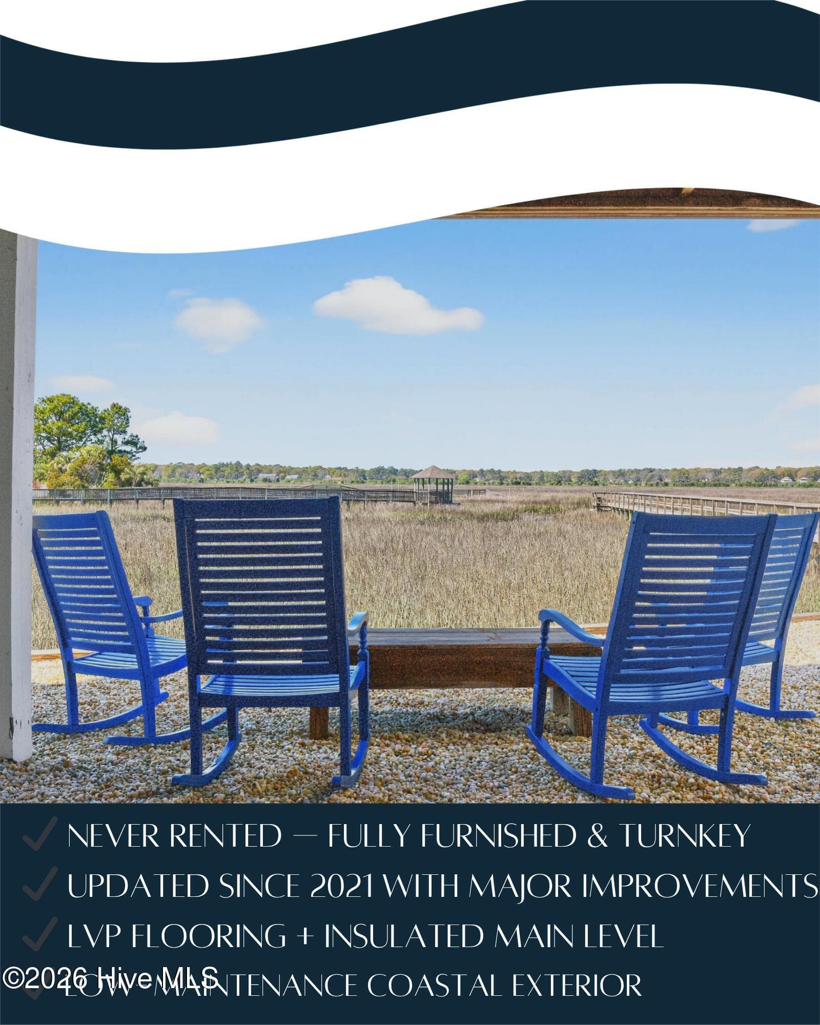 Outdoor seating area overlooking the marsh, perfect for enjoying iconic Sunset Beach sunsets. - 1206 N Shore Drive W, Sunset Beach, NC 28468