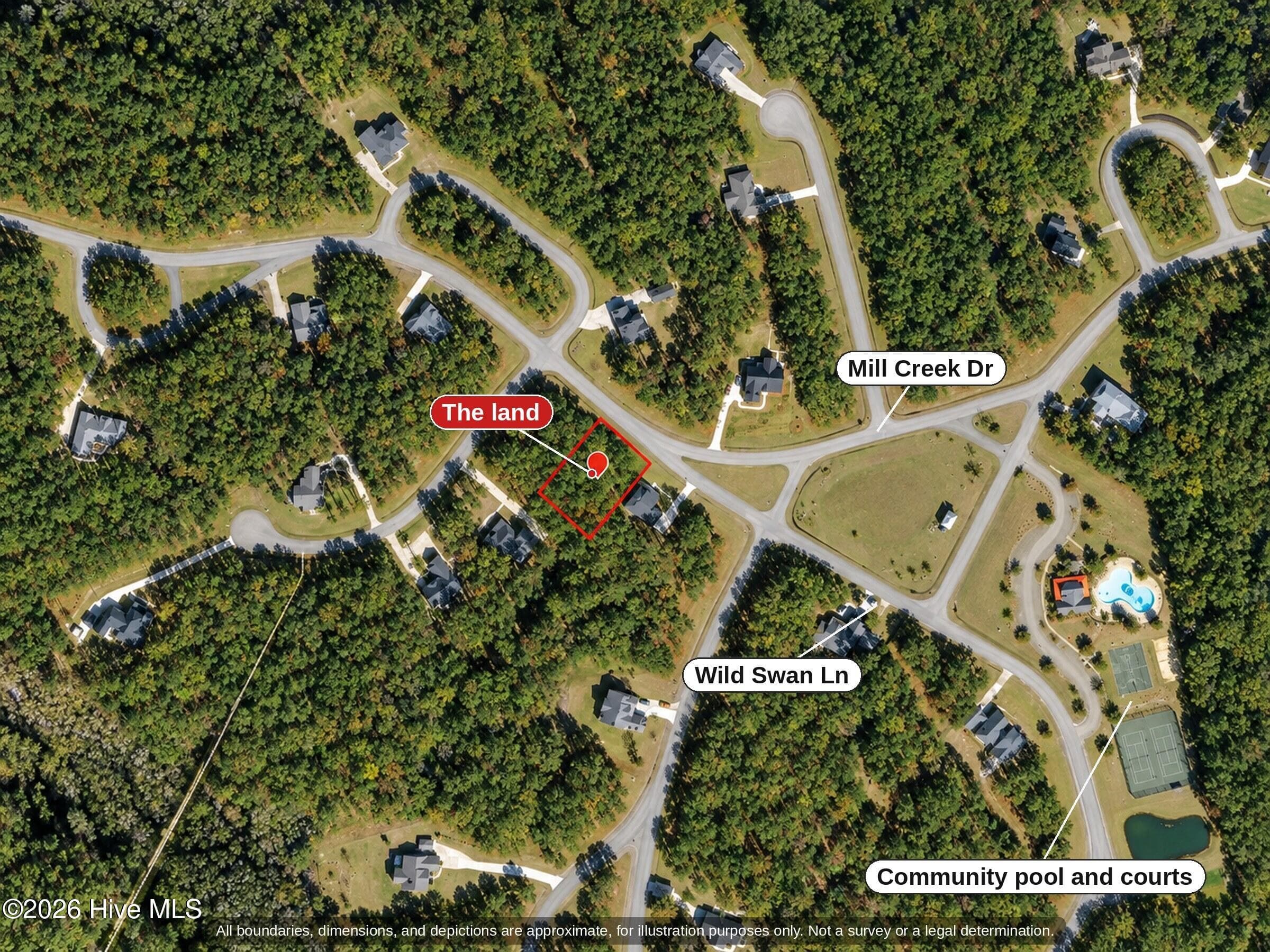 Aerial of Arlington Place, Minnesott Beach NC: the 0.39 acre wooded lot on Mill Creek Dr near the community pool and courts - 0000-0000 LOT 83 Mill Creek Drive, Minnesott Beach, NC 28510