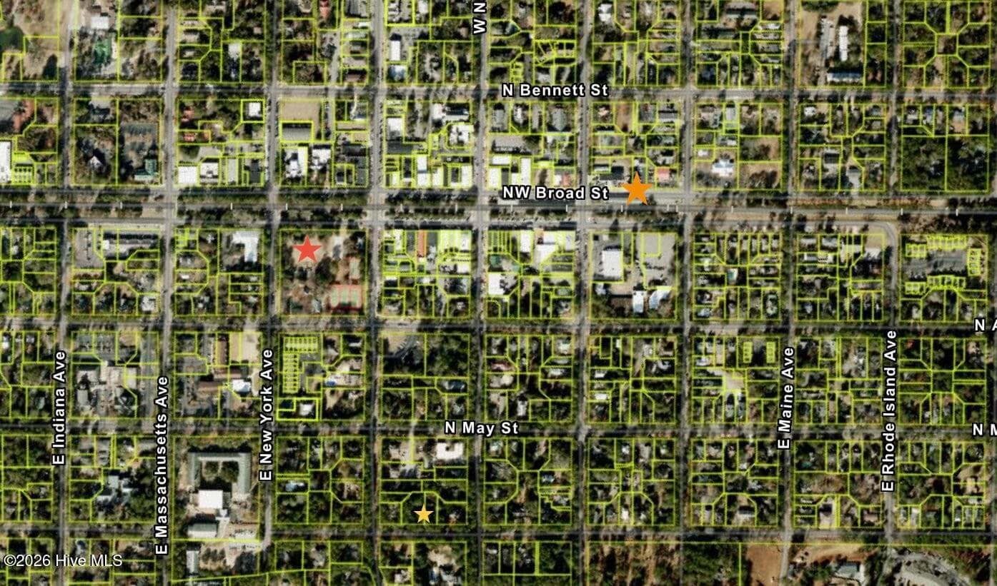 Yellow star marks house, red star marks Down town Park, Orange marks center town - 160 N Ridge Street, Southern Pines, NC 28387