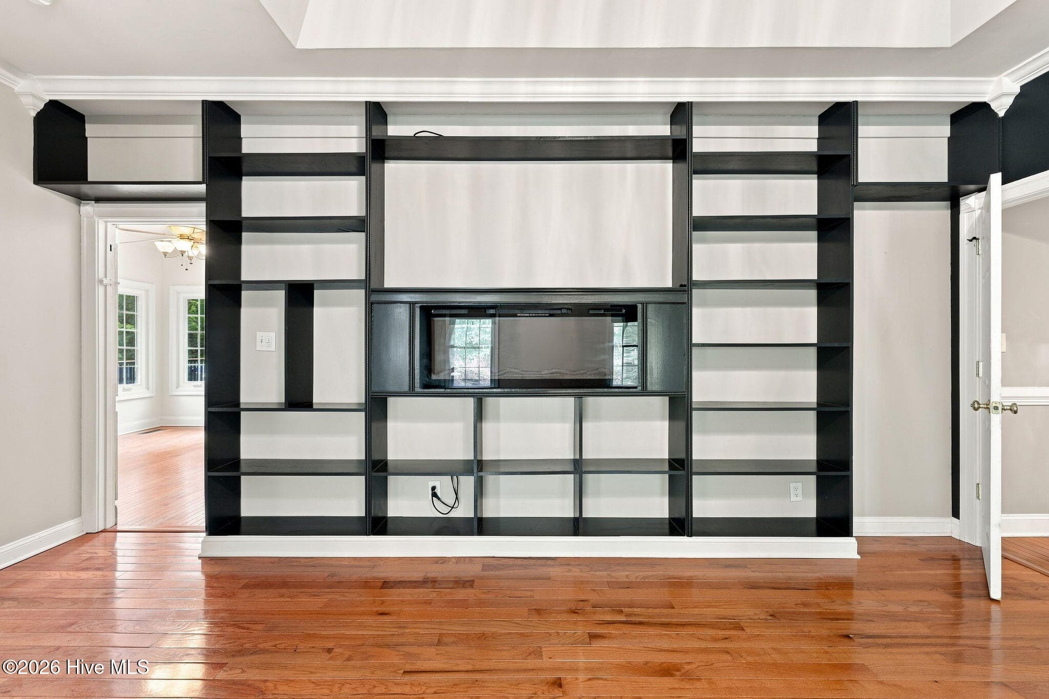 Better view of the shelving and electric fireplace in the primary bedroom suite - 407 Rustic Court, Pollocksville, NC 28573
