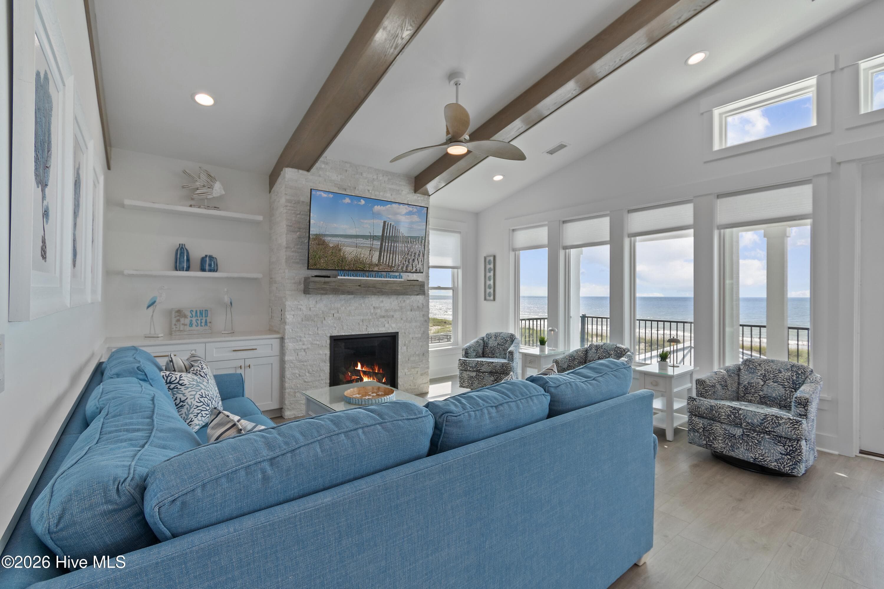 298 E First St. Living Room with Propane Fireplace - 298 E First Street, Ocean Isle Beach, NC 28469