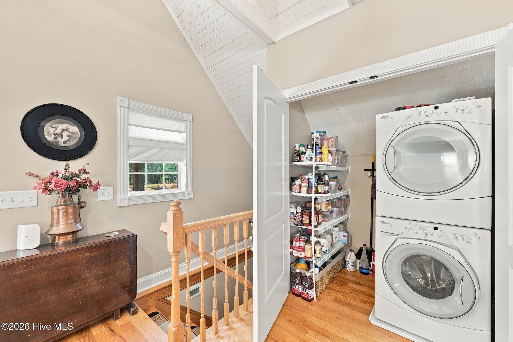 stacked washer and dryer in pantry closet - 104 Meadows Lane, Aberdeen, NC 28315