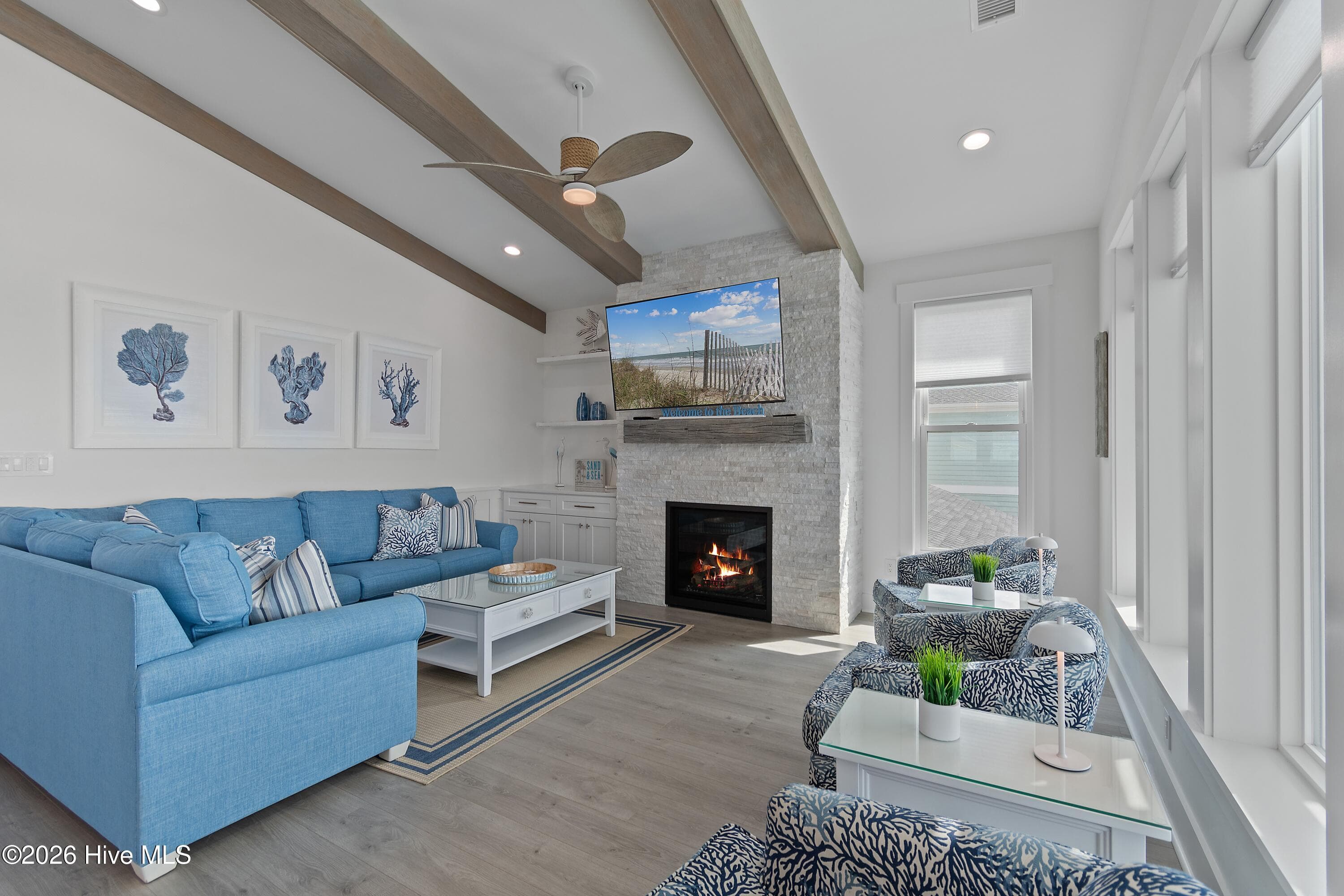 298 E First St. Living Room with Propane Fireplace - 298 E First Street, Ocean Isle Beach, NC 28469
