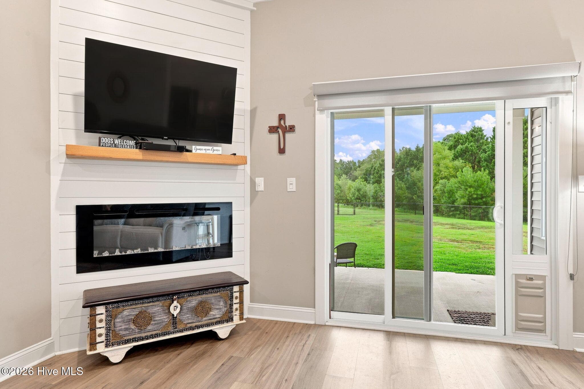 Electric fireplace and access to the rear porch from the living room - 2212 Marinwood Court, Greenville, NC 27834