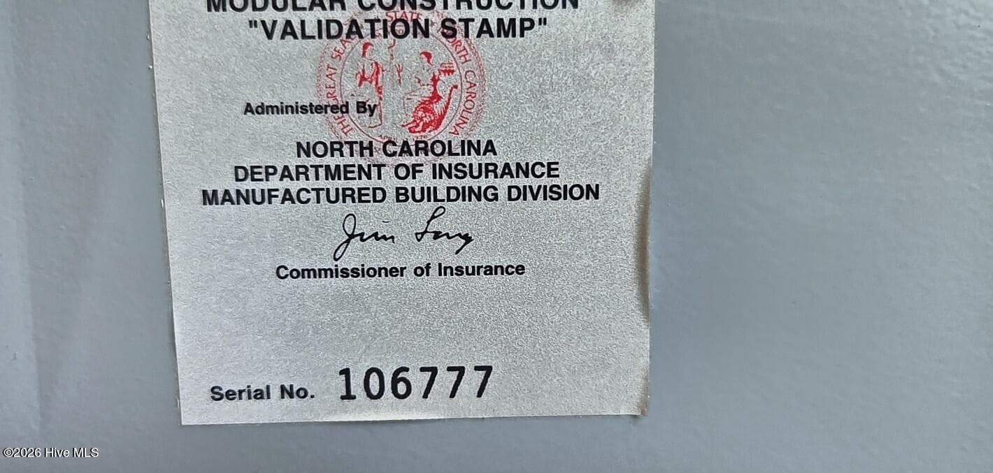 NC Modular Home Validation Stamp Serial No. 106777 - 21 Grape Vine Landing, Columbia, NC 27925