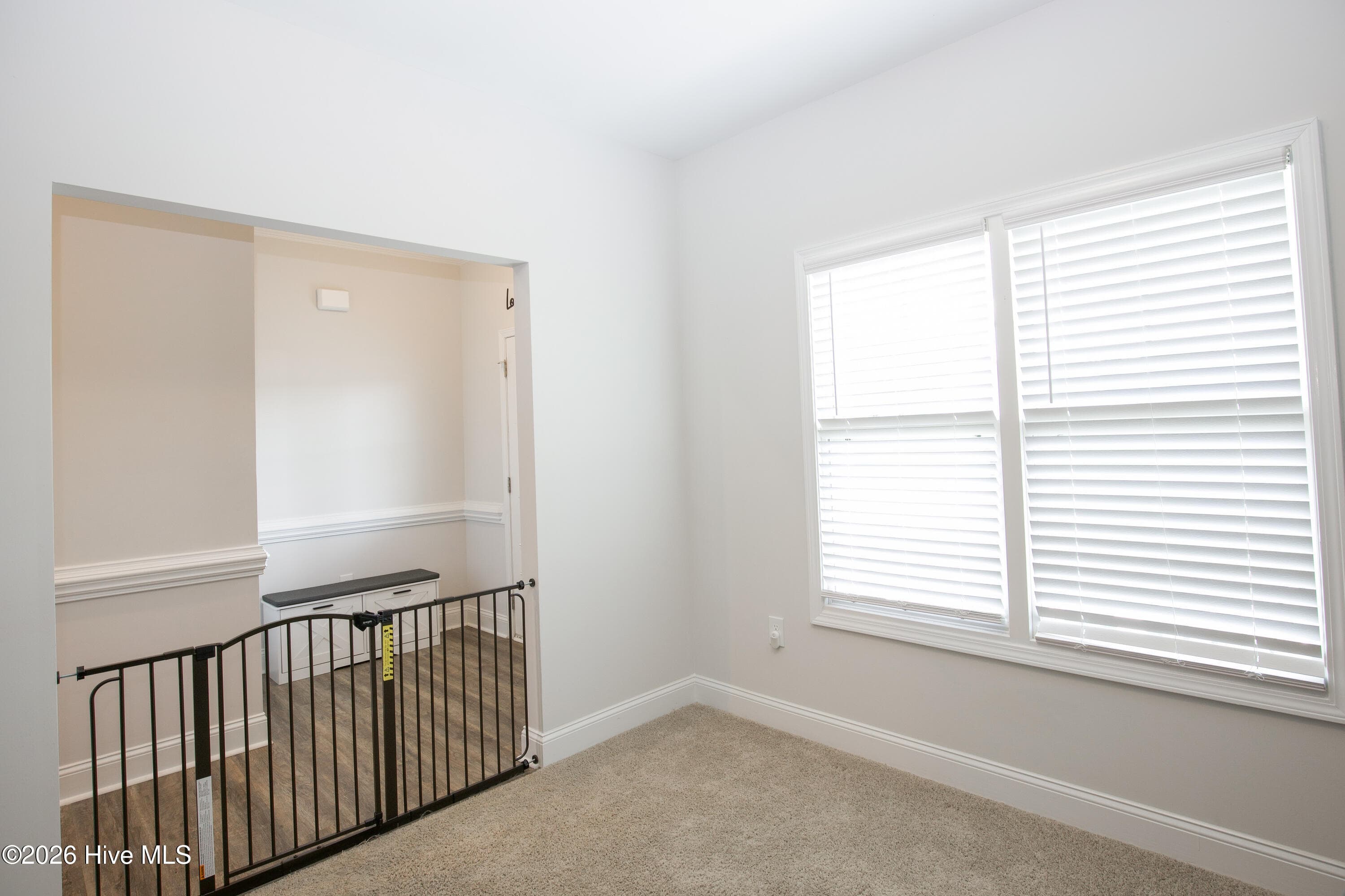 Inside the flex room, a pair of windows lets in natural light from the front of the house. The wide opening to the hallway keeps the room open to the entry rather than closed off. Carpet in this room sets it apart from the hard-surface flooring in the main living areas. - 221 Vega Lane, Linden, NC 28356
