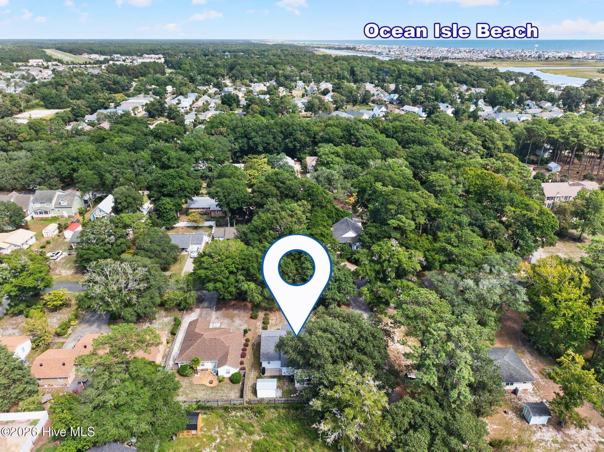 Aerial view highlighting the home's convenient location near Ocean Isle Beach, coastal attractions, shopping, dining, and more. - 1650 Frink Street SW, Ocean Isle Beach, NC 28469