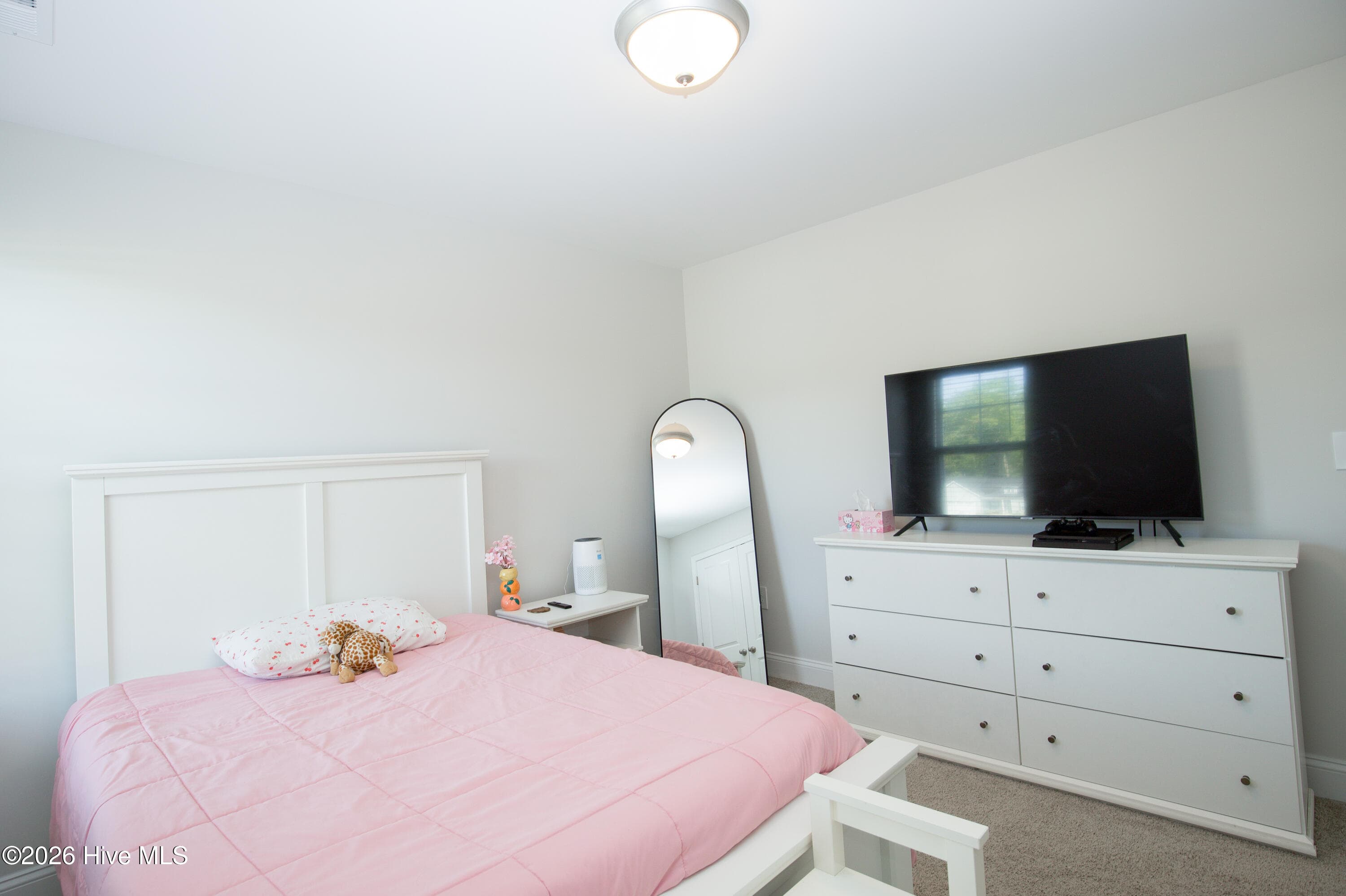 Turning toward the opposite wall, the fourth bedroom offers a long wall that fits a wide dresser and a television. The room's shape makes furniture placement straightforward. A second window is visible on the side wall. - 221 Vega Lane, Linden, NC 28356