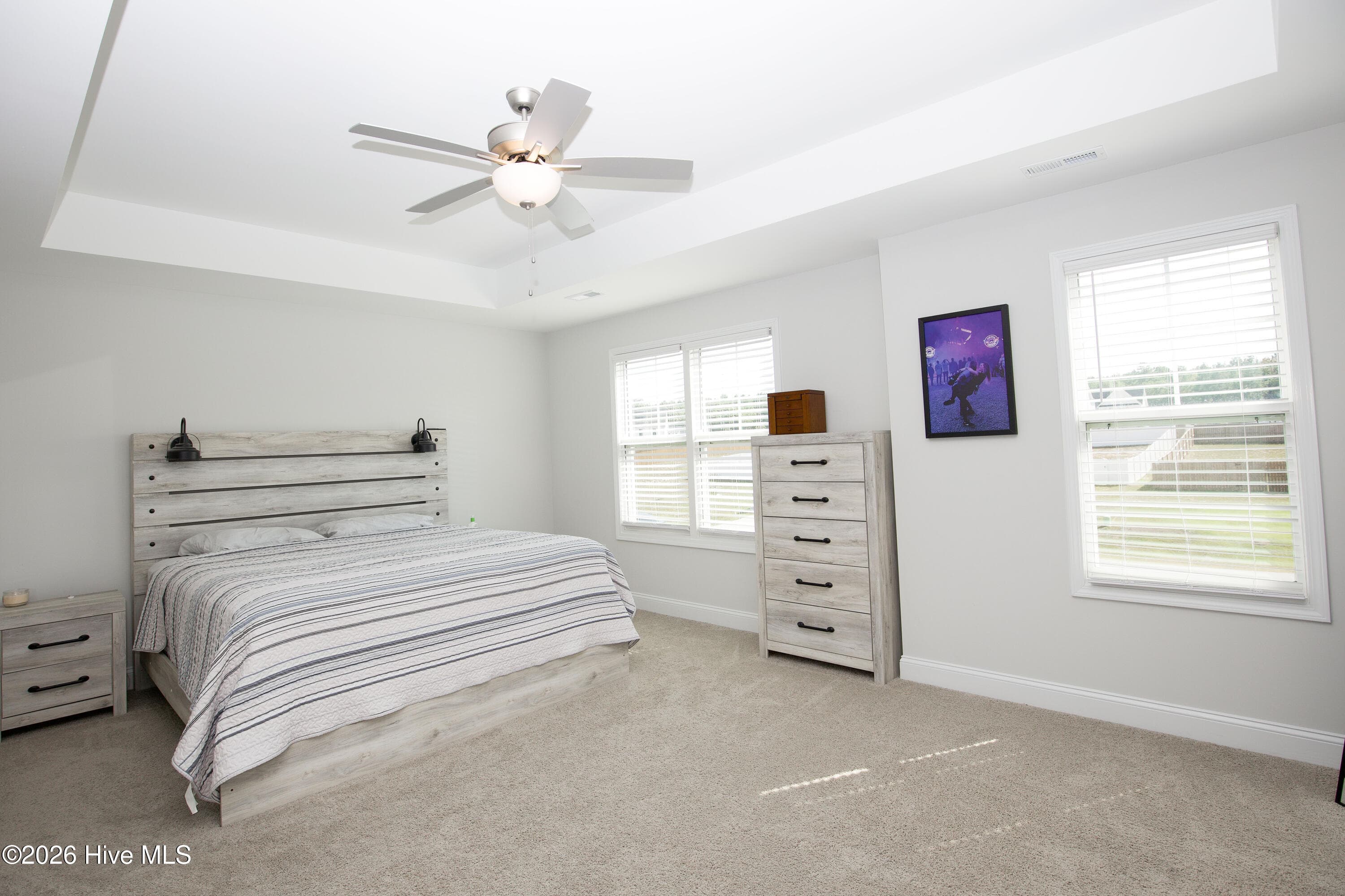 The primary bedroom has room for a king-size bed along with nightstands and a tall dresser. Two windows bring in natural light, and the tray ceiling adds height and dimension above the room. According to the professional floor plan, the room measures approximately 19 feet by 14'1" with a 9-foot tray ceiling. - 221 Vega Lane, Linden, NC 28356