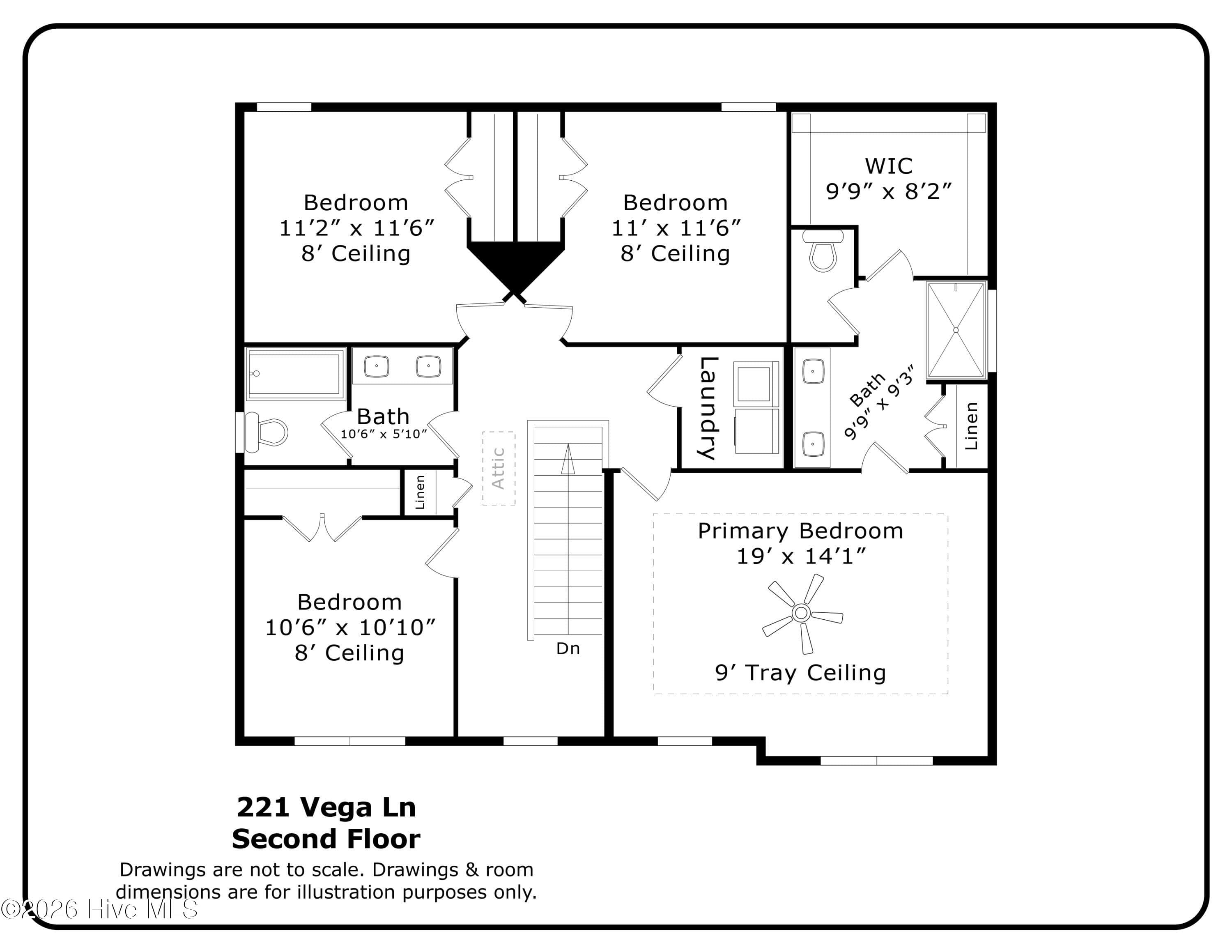 The second-floor plan shows the primary suite at the front of the house with its tray ceiling, private bath, separate toilet area, and walk-in closet. Three additional bedrooms, a second full bath, and the laundry room are grouped around the stair landing. The second floor includes 1,249 heated square feet, bringing the home to four bedrooms and two and a half baths in total. A Matterport 3D tour is also available if you want to walk through the layout online. Floor plan is for illustration/reference purposes and may not be to scale. - 221 Vega Lane, Linden, NC 28356