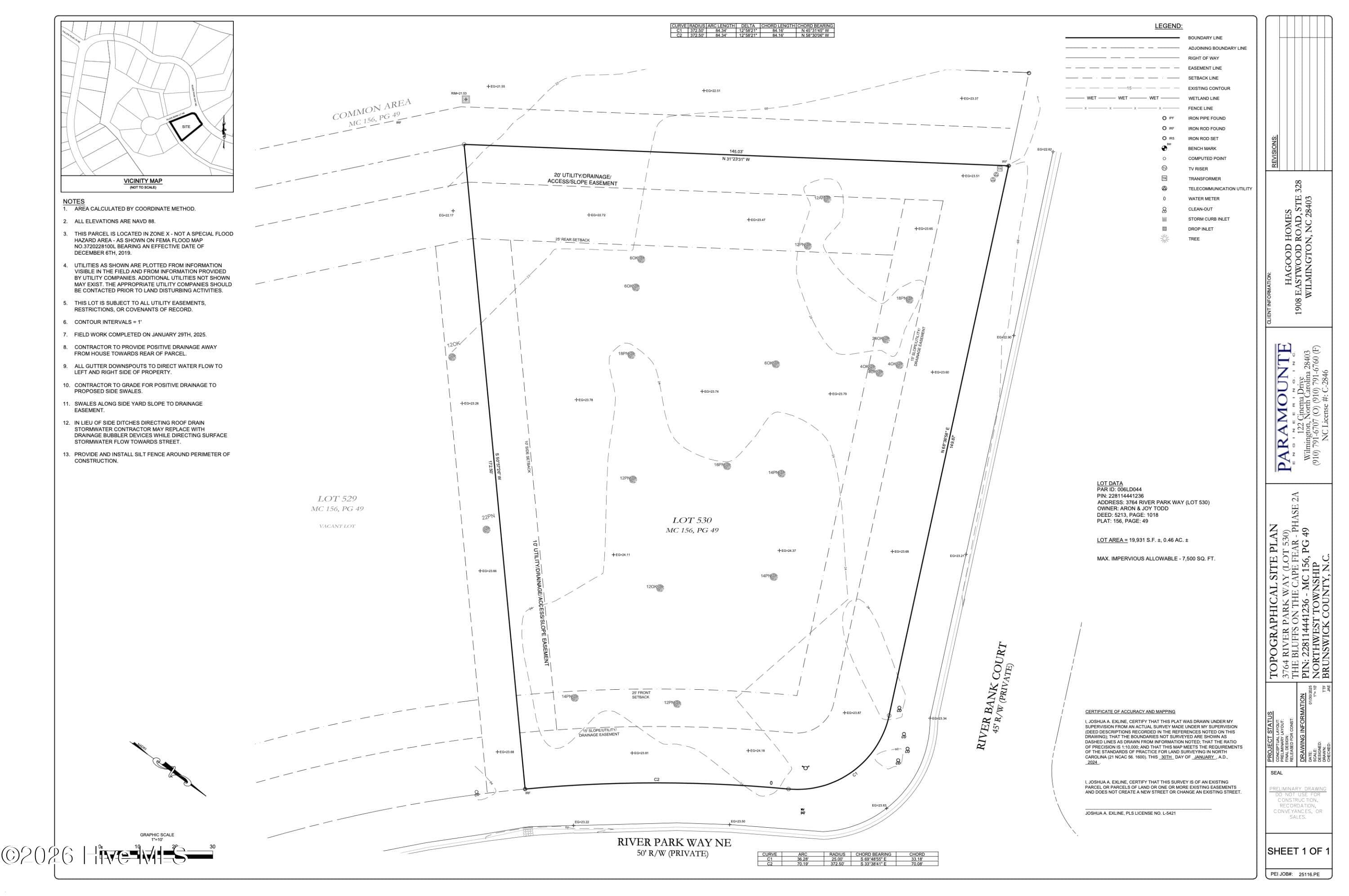 Topographic survey - LOT 530 - 3764 530 River Park Way NE, Leland, NC 28451