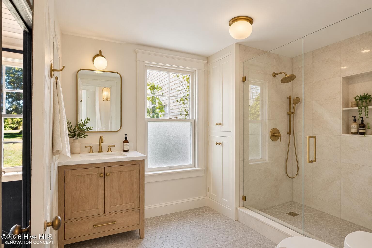 Virtual Staging AI, Bathroom vanity and shower - 436 Doctor Robinson Road, Bladenboro, NC 28320